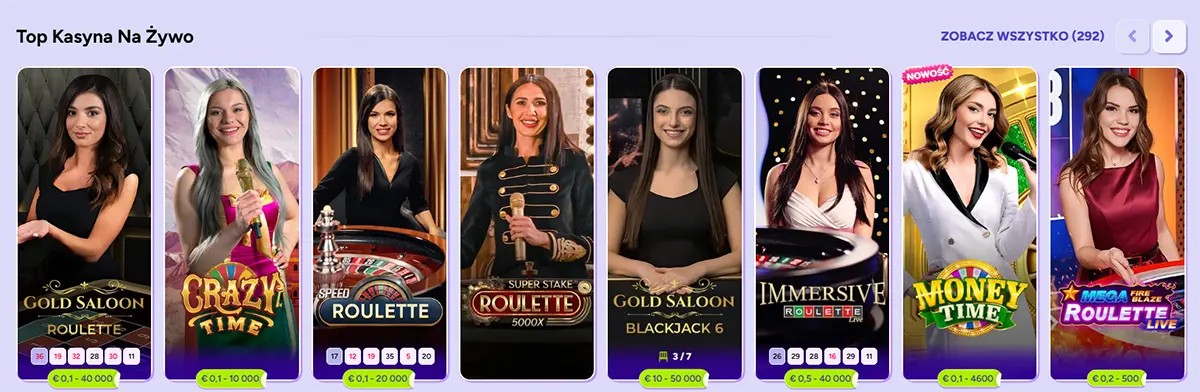 Polish “Top Kasyna Na Żywo” carousel showing live casino game tiles (roulette, blackjack, Crazy Time, Immersive Roulette, Money Time) with dealer images, bet limits, a “Zobacz wszystko (292)” view-all link, and navigation arrows.