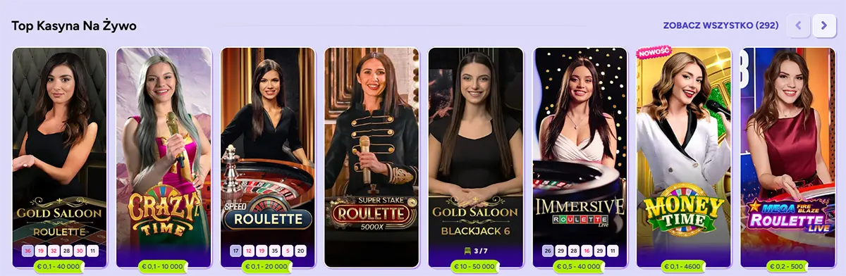 Polish “Top Kasyna Na Żywo” carousel showing live casino game tiles (roulette, blackjack, Crazy Time, Immersive Roulette, Money Time) with dealer images, bet limits, a “Zobacz wszystko (292)” view-all link, and navigation arrows.