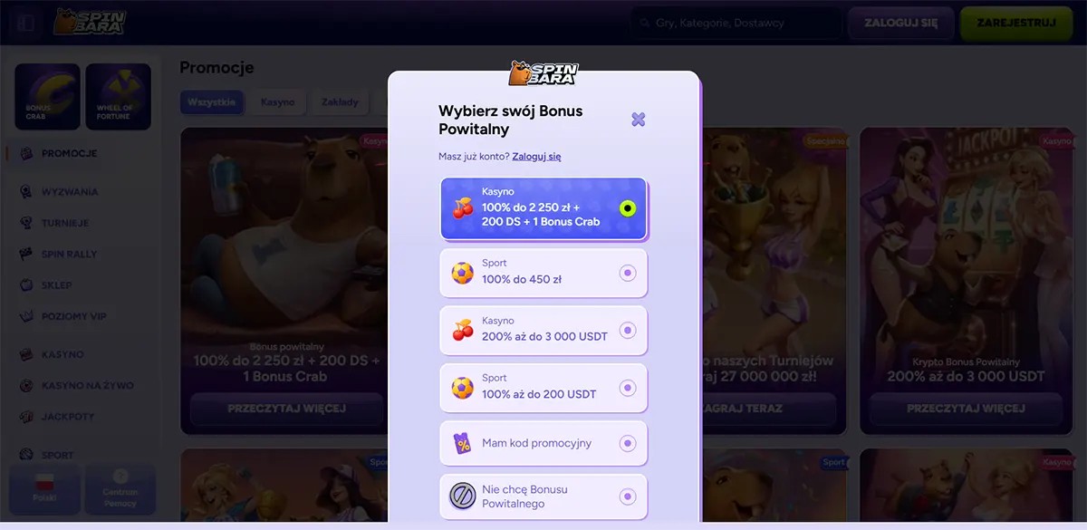 Spinbara promotions page with a Polish “Wybierz swój Bonus Powitalny” pop-up listing welcome bonus options, including a selected casino offer “100% do 2 250 zł + 200 DS + 1 Bonus Crab,” plus sports and USDT bonus choices in a vertical list.