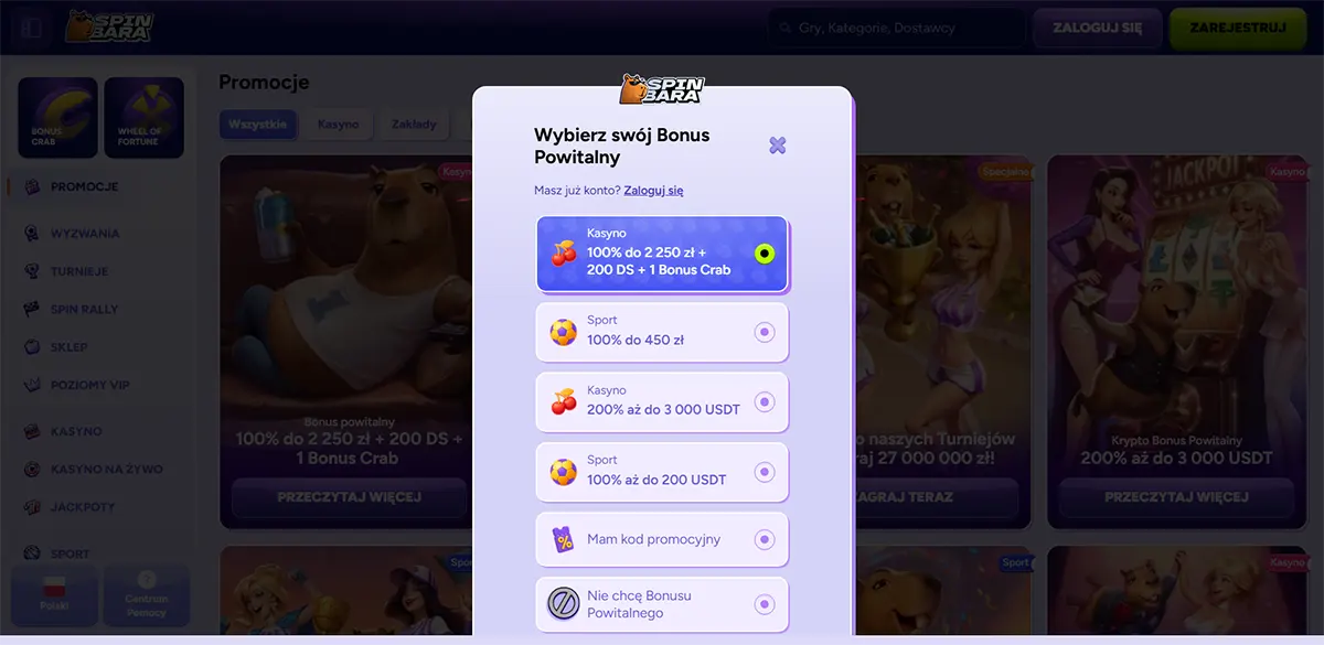 Spinbara promotions page with a Polish “Wybierz swój Bonus Powitalny” pop-up listing welcome bonus options, including a selected casino offer “100% do 2 250 zł + 200 DS + 1 Bonus Crab,” plus sports and USDT bonus choices in a vertical list.